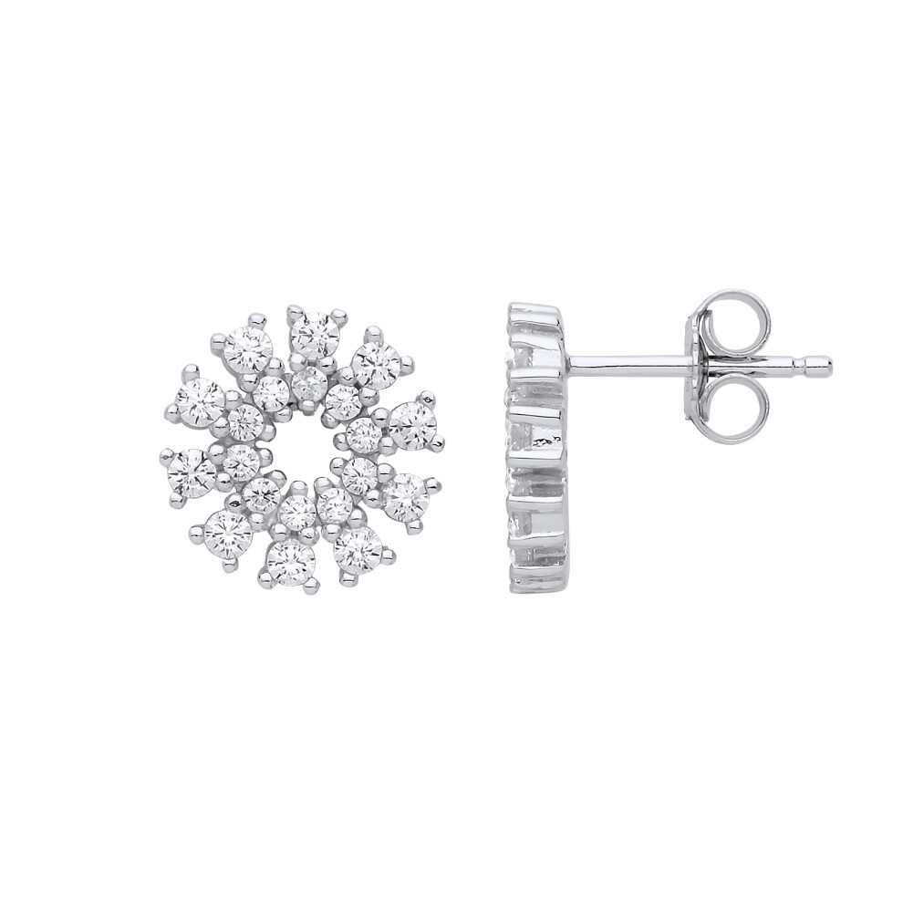 Jewelco London Ladies Sterling Silver Cubic Zirconia Snowflake Cluster Stud Drop Earrings - GVE819