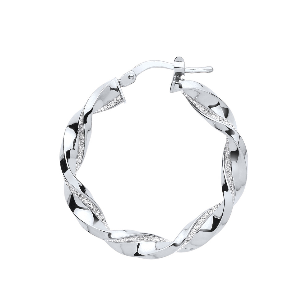 Jewelco London Ladies Sterling Silver Square Tube Twist Moondust Hoop Earrings 30mm - GVE895