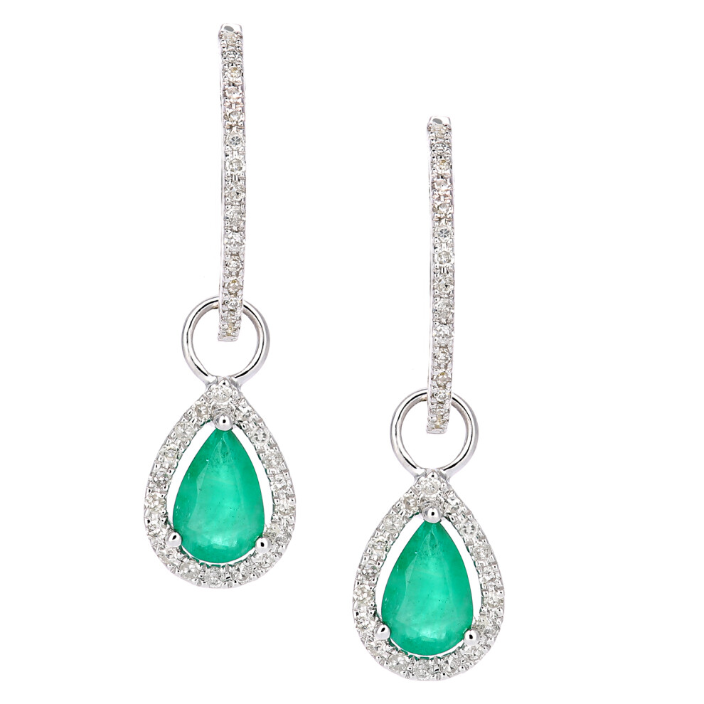 Jewelco London 9ct White Gold Round 20pts Diamond Pear 0.7ct Emerald Teardrop Drop Earrings - DE1AXL618WEM
