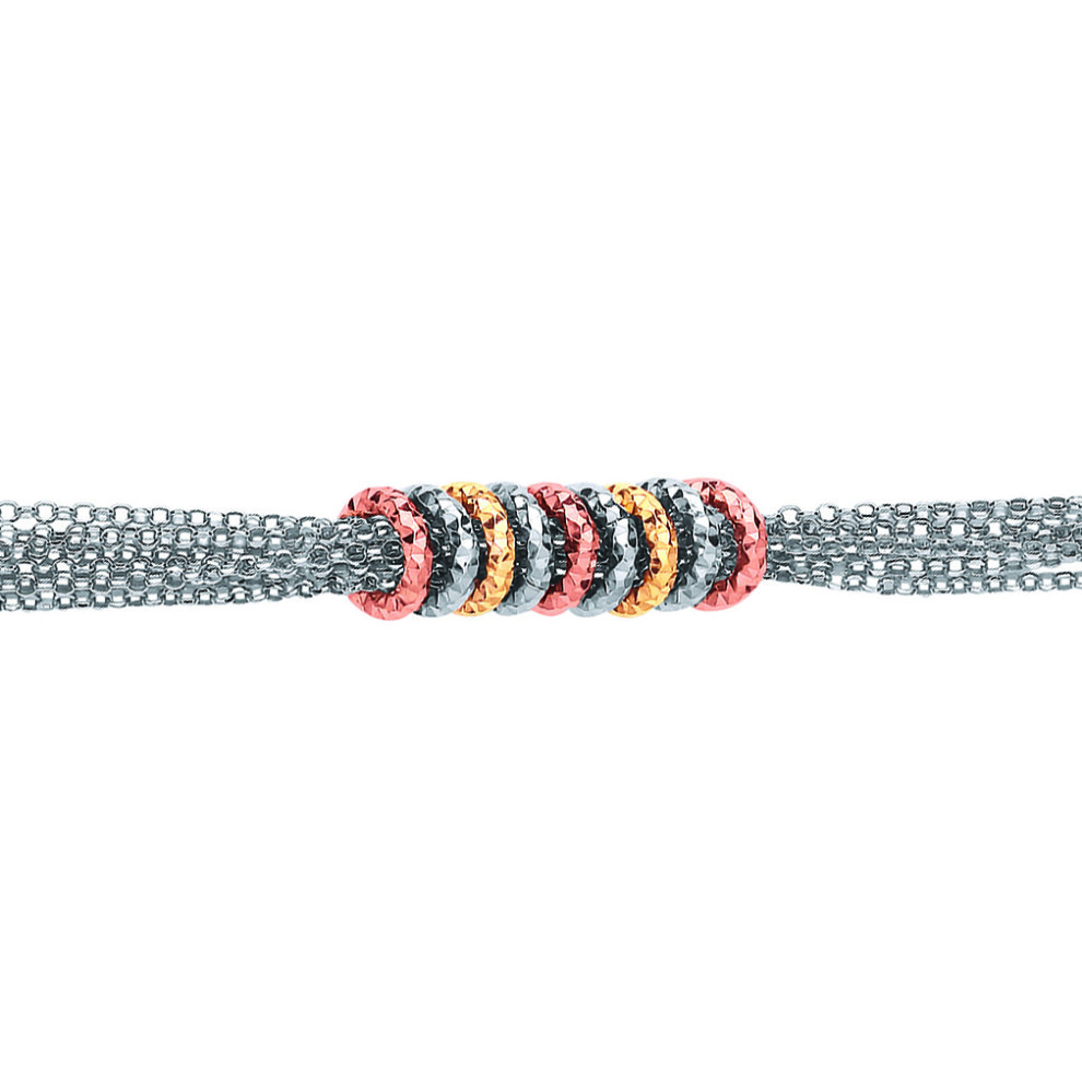 Jewelco London Ladies Rhodium Yellow & Rose Gold-Plated Sterling Silver Multi Strand Donut Loops Charm Bracelet 10mm - GVB459