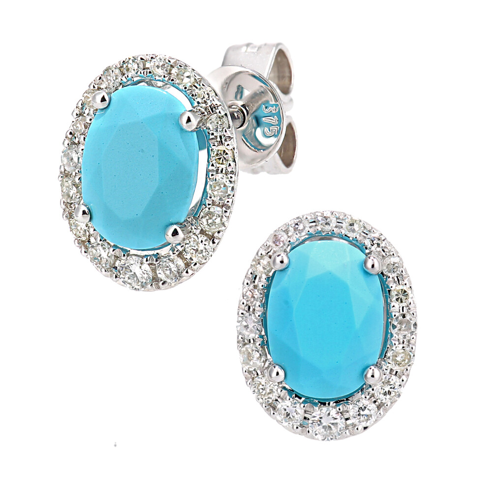Jewelco London 9ct White Gold Round 20pts Diamond Oval 1.25ct Turquoise Cluster Drop Earrings - DE1AXL603WTQ
