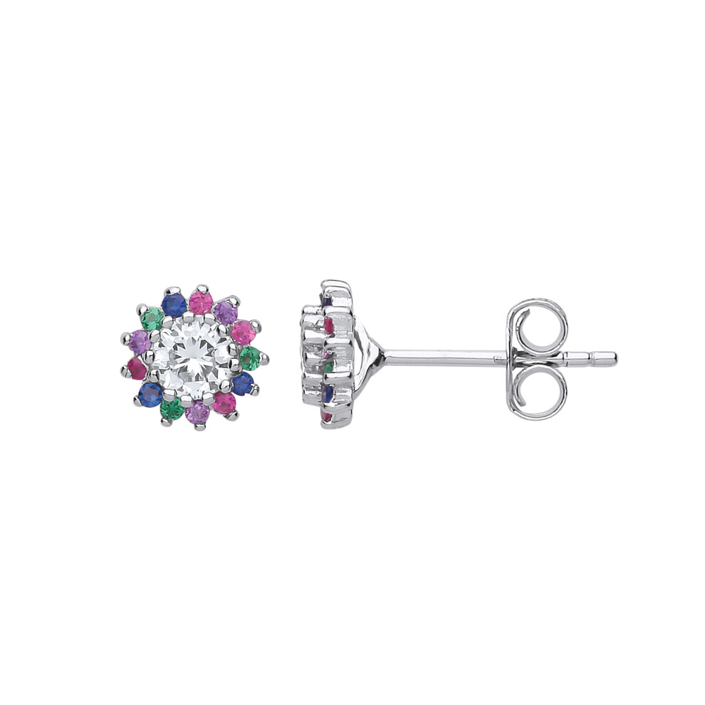 Jewelco London Ladies Sterling Silver Pink Lilac Blue Green Cubic Zirconia Rainbow Halo Solitaire Stud Earrings - GVE738