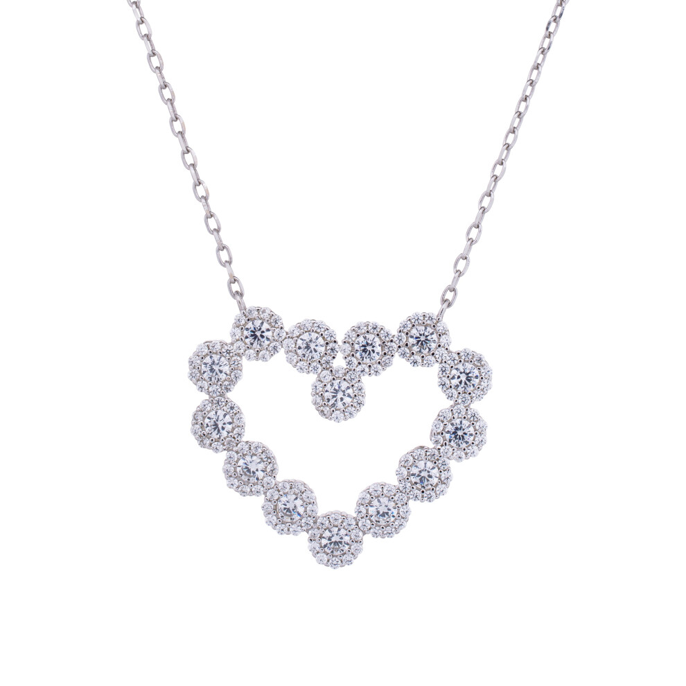 Jewelco London Rhodium Sterling Silver Cubic Zirconia Love Heart Halo Cluster Pendant Necklace 22mm x 25mm 15.5 + 2 inch - JACOBJN005