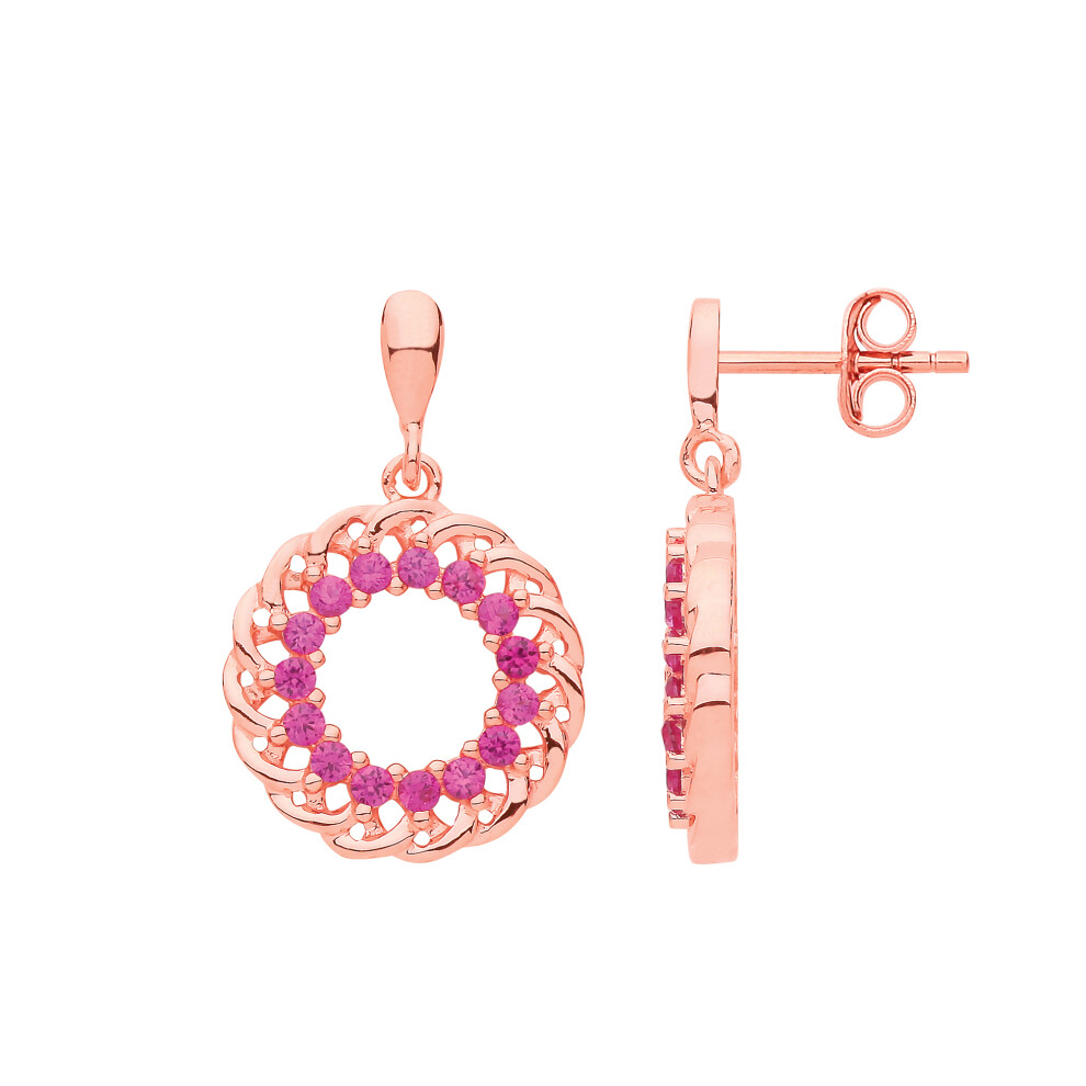 Jewelco London Ladies Rose Gold-Plated Sterling Silver Ruby-Red Cubic Zirconia Wreath Cluster Stud Drop Earrings - GVE857