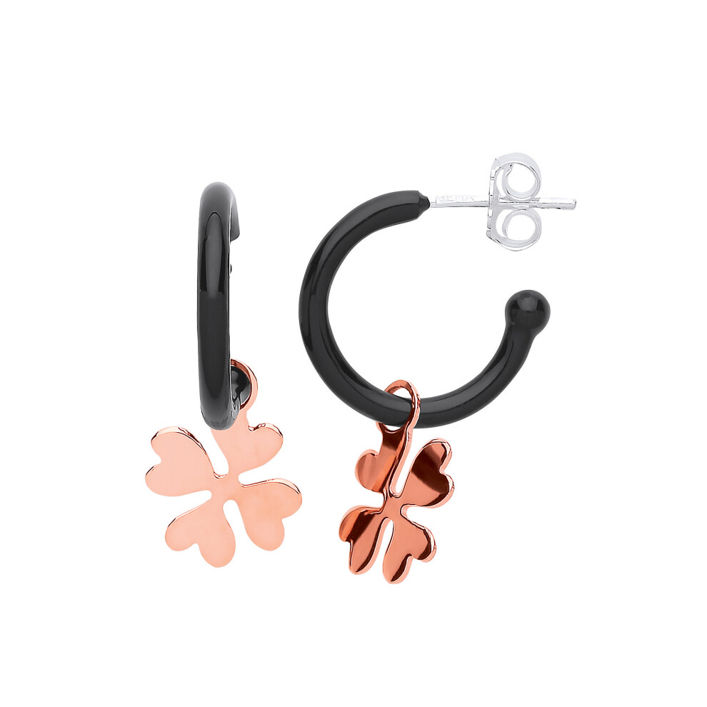 Jewelco London Ladies Rose Gold-Plated Sterling Silver Black Enamel Lucky 4 Leaf Clover Charm Drop Earrings - GVE764