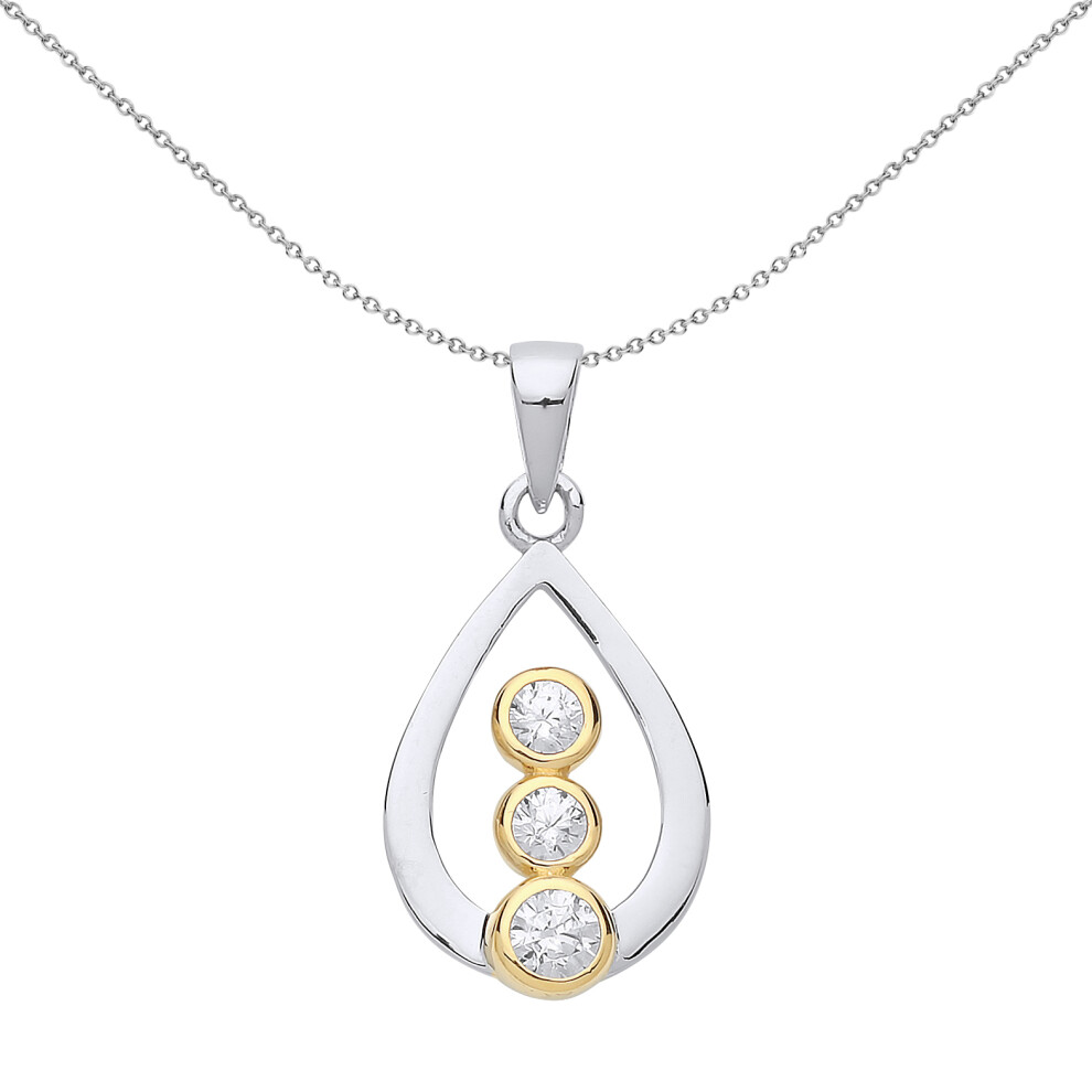 Jewelco London Ladies Rhodium & Yellow Gold-Plated Sterling Silver Cubic Zirconia Trilogy Pear Tear Pendant Necklace 18 inch - GVP470
