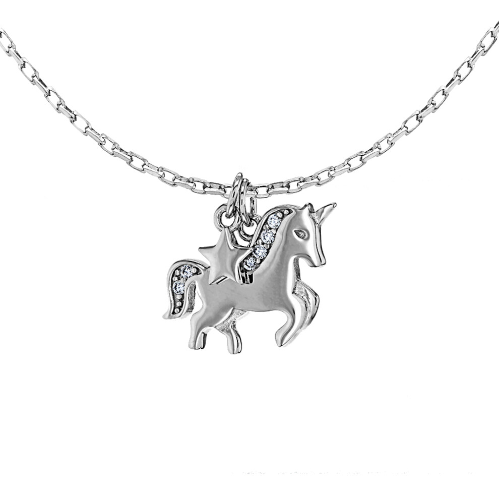 Jewelco London Rhodium Sterling Silver Cubic Zirconia Unicorn Star Charm Adjustable Necklace 17" to 18" - 8-19-6034