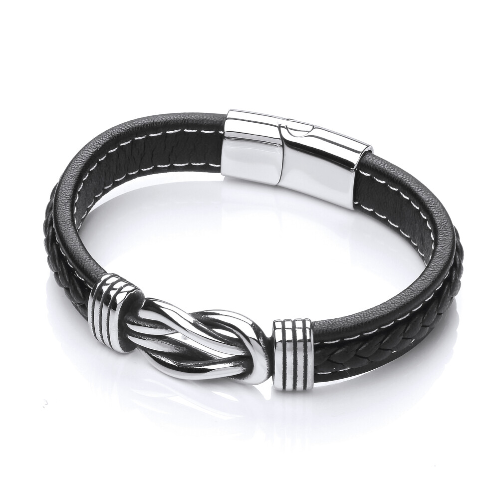 Jewelco London Mens Rhodium Plated Stainless Steel Black Leather Loop Knot Cuff Bracelet 13mm - BRC176