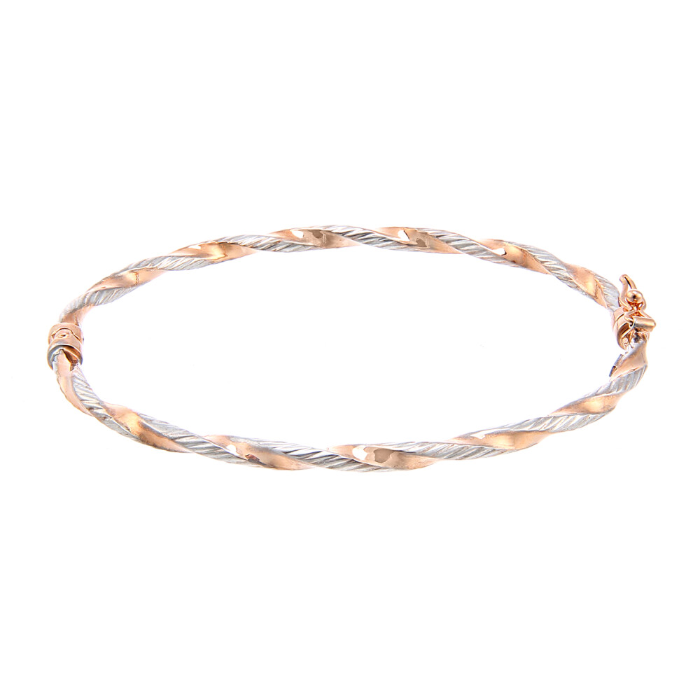 Jewelco London 9ct Rose & White Gold Ribbed Candy Ribbon Twist Bangle Bracelet 6x5cm - BNGAXL1600RW