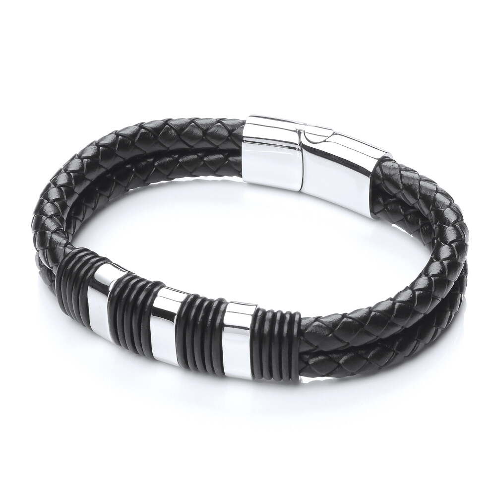 Jewelco London Mens Rhodium Plated Stainless Steel Black Leather Dual Band Plaited Cuff Bracelet 13mm 8.5 inch - BRC168