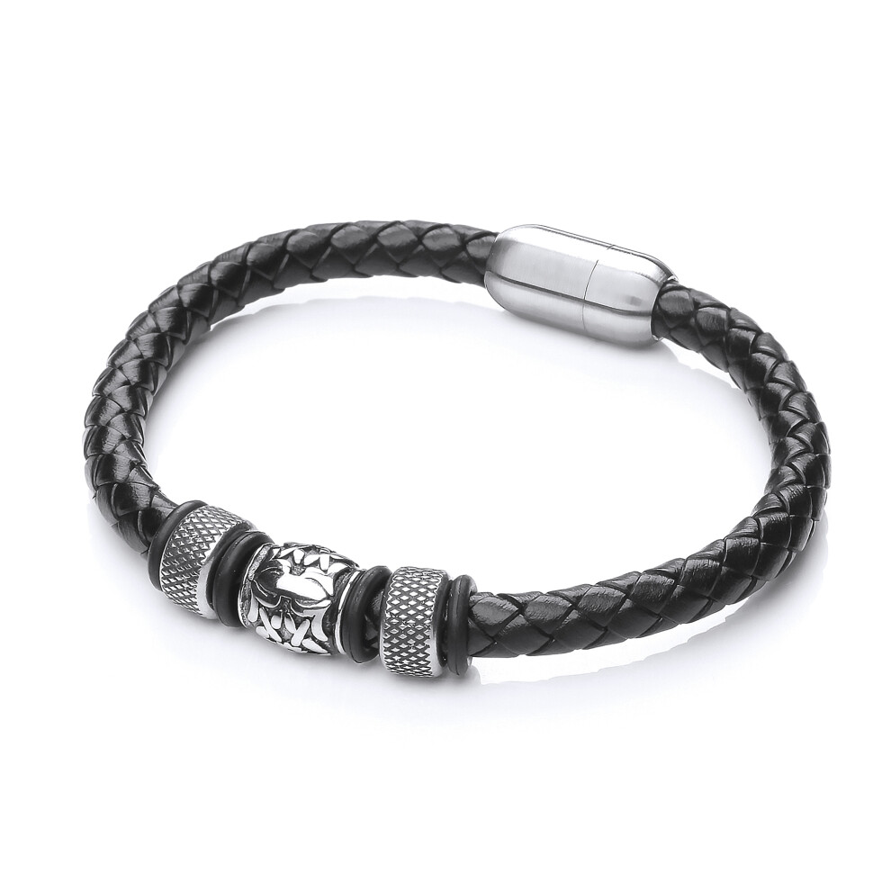Jewelco London Mens Rhodium Plated Stainless Steel Black Leather Textured Bead Cuff Bracelet 11mm - BRC169
