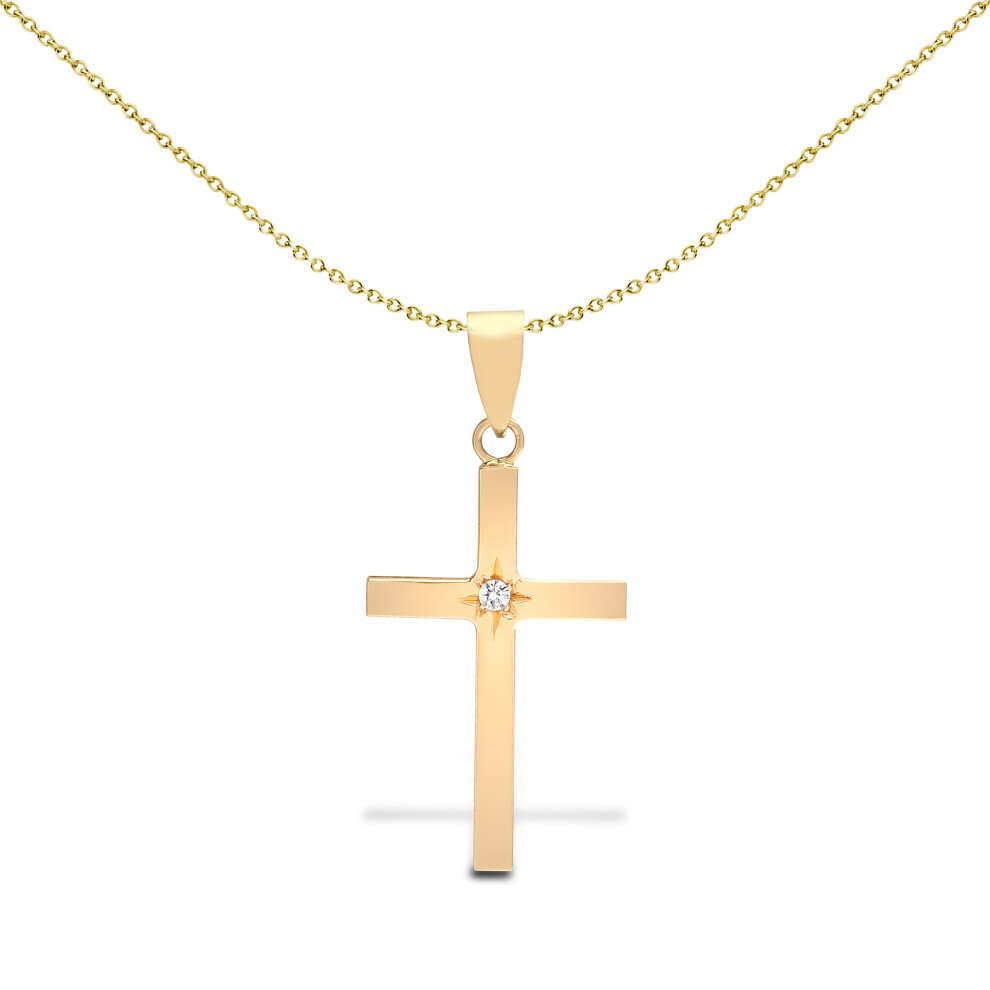 Jewelco London Solid 18ct Yellow Gold Star Set Round G SI1 0.03ct Diamond Minimalist Solitaire Cross Pendant - 18X106