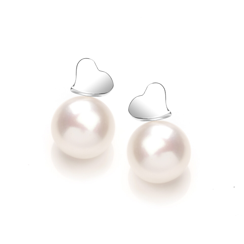 Jewelco London Ladies Sterling Silver Freshwater Cultured Pearl Full Moon Love Heart Drop Earrings 9mm - GVE921