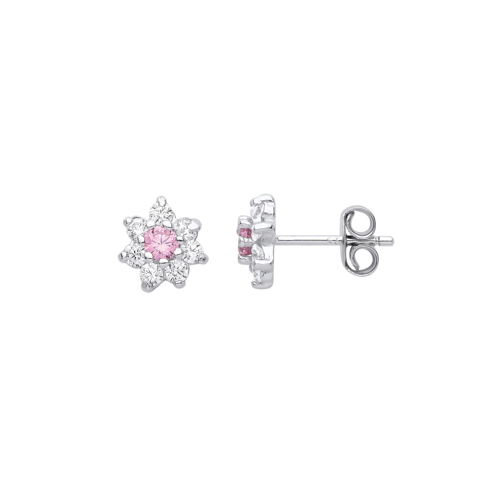 Jewelco London Ladies Rhodium Plated Sterling Silver Pink CZ 8 Stone Snowflake Cluster Stud Earrings - EAG1058