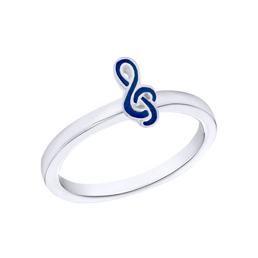 (L) Jewelco London Sterling Silver Blue Enamel Musical Treble Clef 1.5mm Charm Ring, 10mm - 8-80-0411