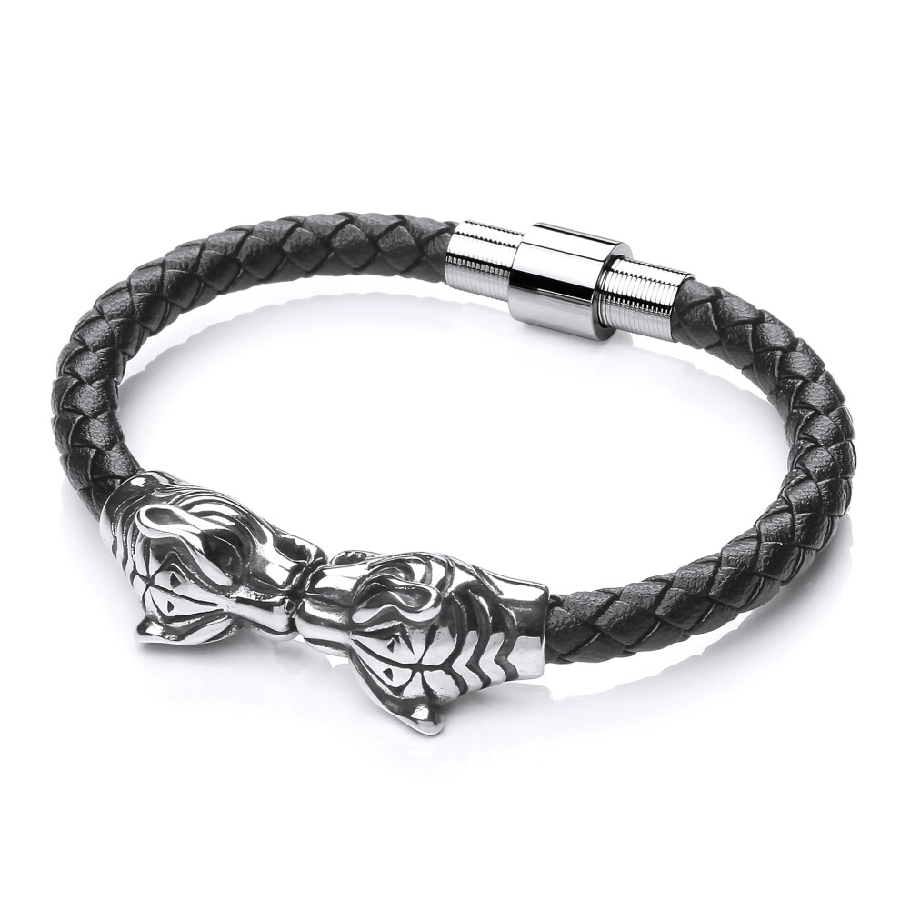 Jewelco London Mens Rhodium Plated Stainless Steel Black Leather Tiger Head Cuff Bracelet 17mm 8 inch - BRC170