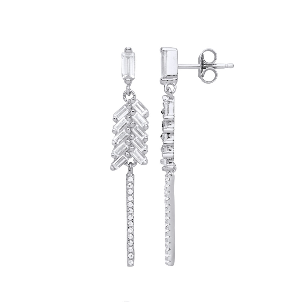 Jewelco London Ladies Sterling Silver Baguette Cubic Zirconia Chandelier Droplets Stud Drop Earrings - GVE822