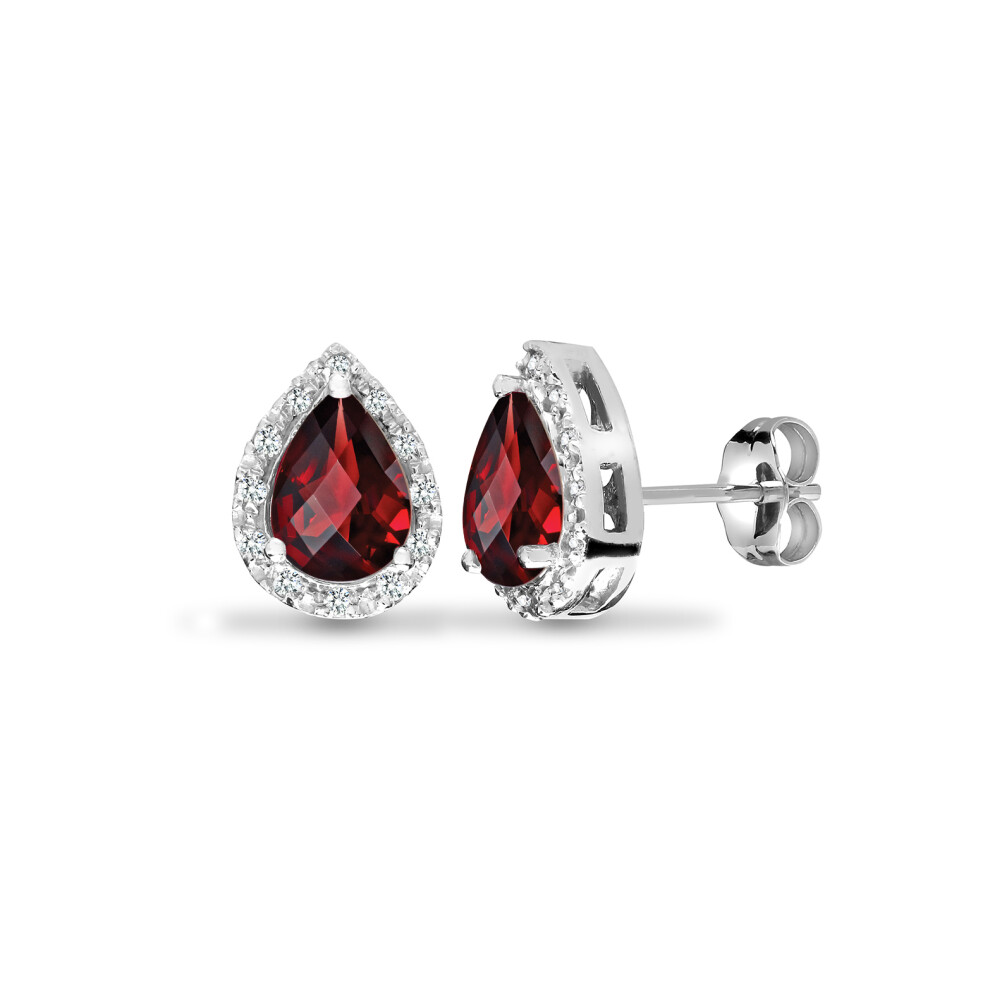 Jewelco London 9ct White Gold Pave Set H I1 0.12ct Diamond and Pear Red 1.5ct Garnet Happy Tears Halo Stud Earrings - 9E175