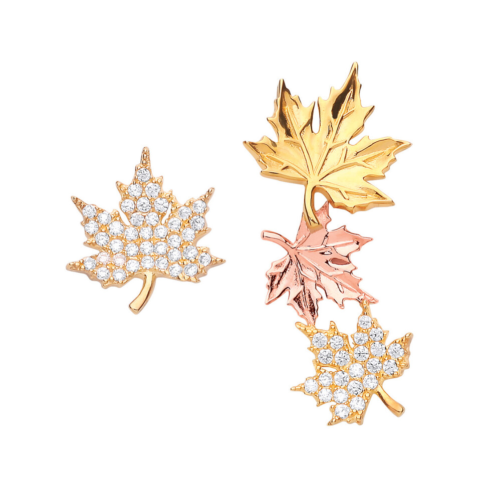 Jewelco London Ladies Yellow & Rose Gold-Plated Sterling Silver Cubic Zirconia Canada Maple Leaf Drop Earrings - GVE694