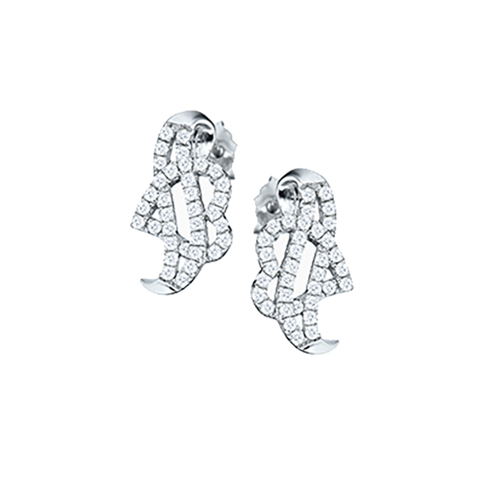 Jewelco London Rhodium Plated Sterling Silver White Cubic Zirconia Ribbon Scroll Love Heart Coeur-de-Rouleaux Stud Earrings - RE22664