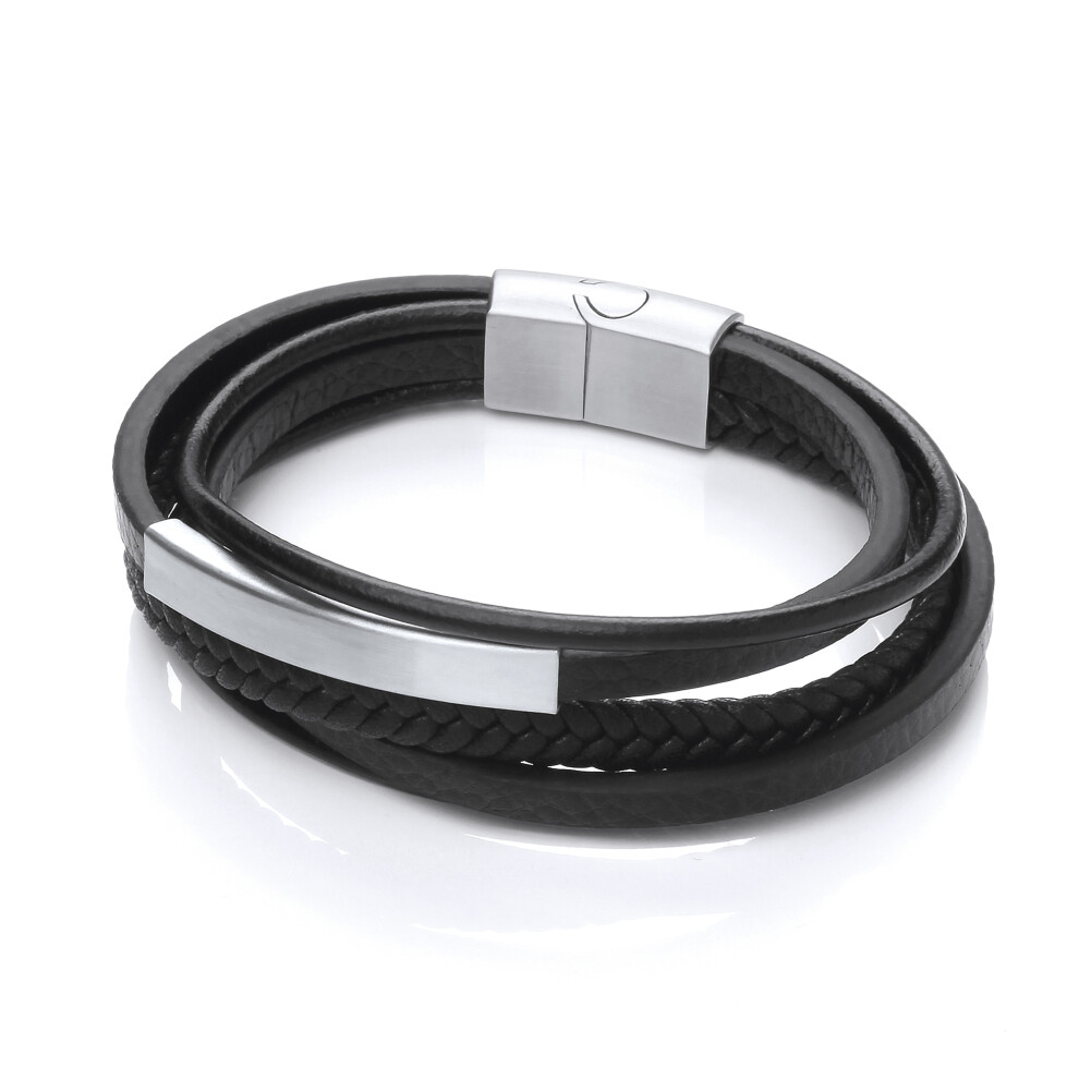 Jewelco London Mens Rhodium Plated Stainless Steel Black Leather Multi Strand ID Cuff Bracelet 18mm - BRC178