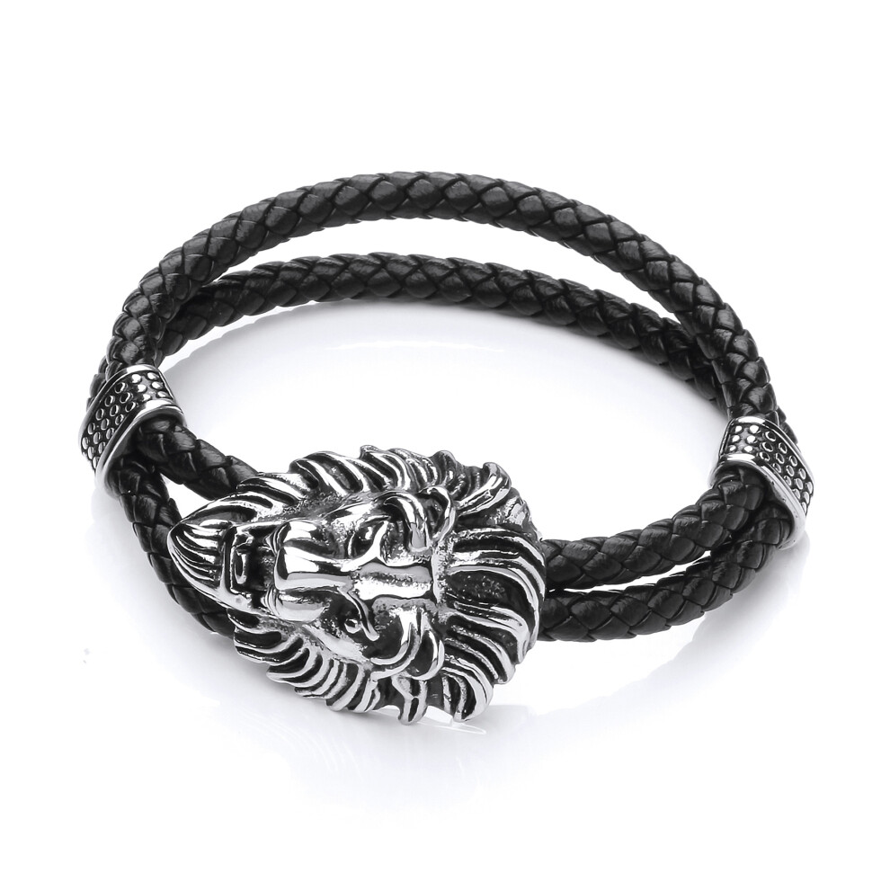 Jewelco London Mens Rhodium Plated Stainless Steel Black Leather Lion Head Cuff Bracelet 30mm - BRC179
