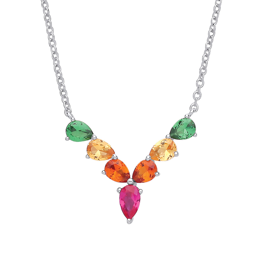 Jewelco London Sterling Silver Multi Colour Pear Cubic Zirconia Rainbow Tropical Wishbone Eternity Necklace 17 inch - GVK319