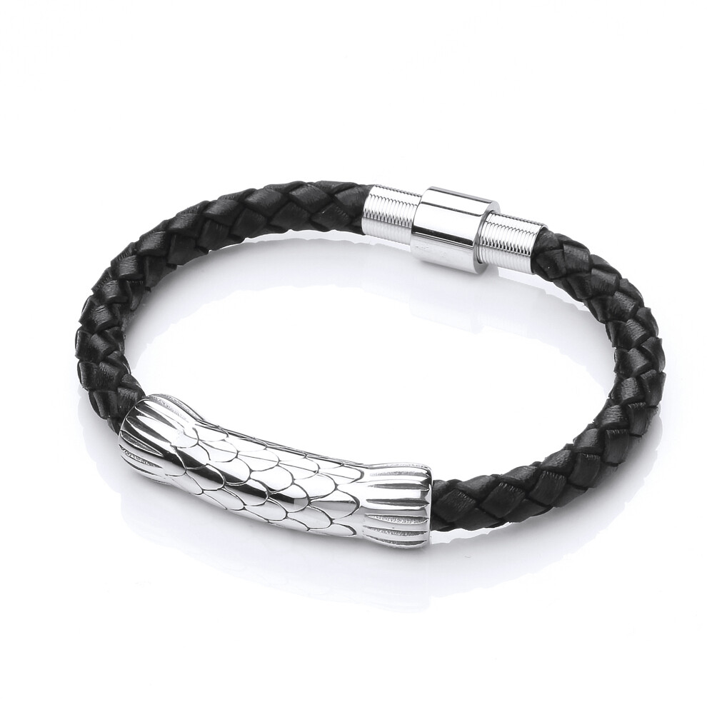 Jewelco London Mens Rhodium Plated Stainless Steel Black Leather Dragon Scale Cuff Bracelet 11mm - BRC173