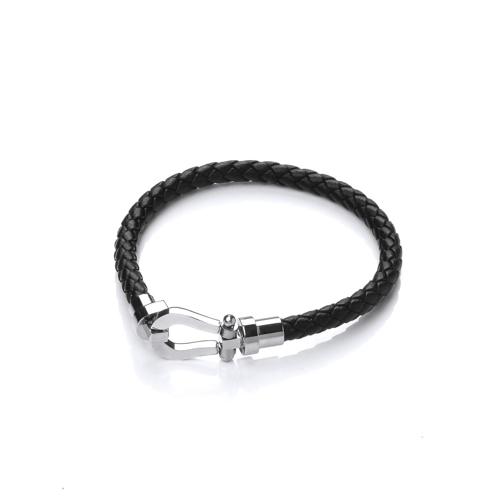 Jewelco London Mens Rhodium Plated Stainless Steel Black Leather Loop Cuff Bracelet 12mm - BRC174