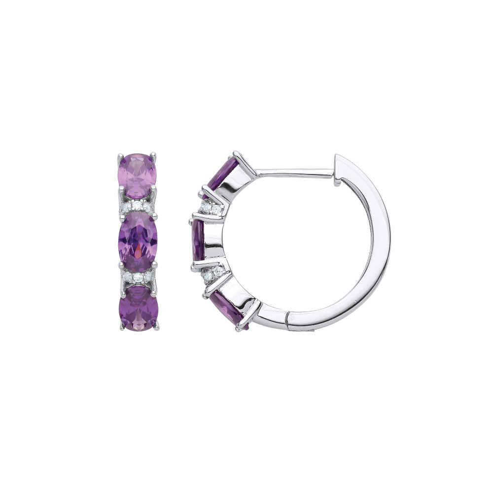 Jewelco London Ladies Rhodium Plated Sterling Silver Purple Oval CZ Arched Trilogy Hinged Huggie Hoop Earrings - EAG1057