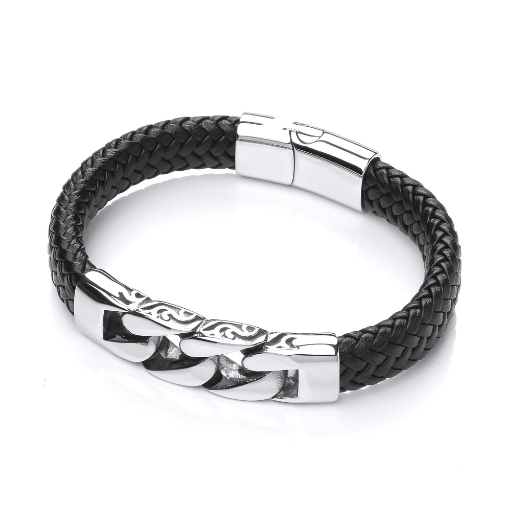Jewelco London Mens Rhodium Plated Stainless Steel Black Leather Carved Curb Link Cuff Bracelet 12mm - BRC180