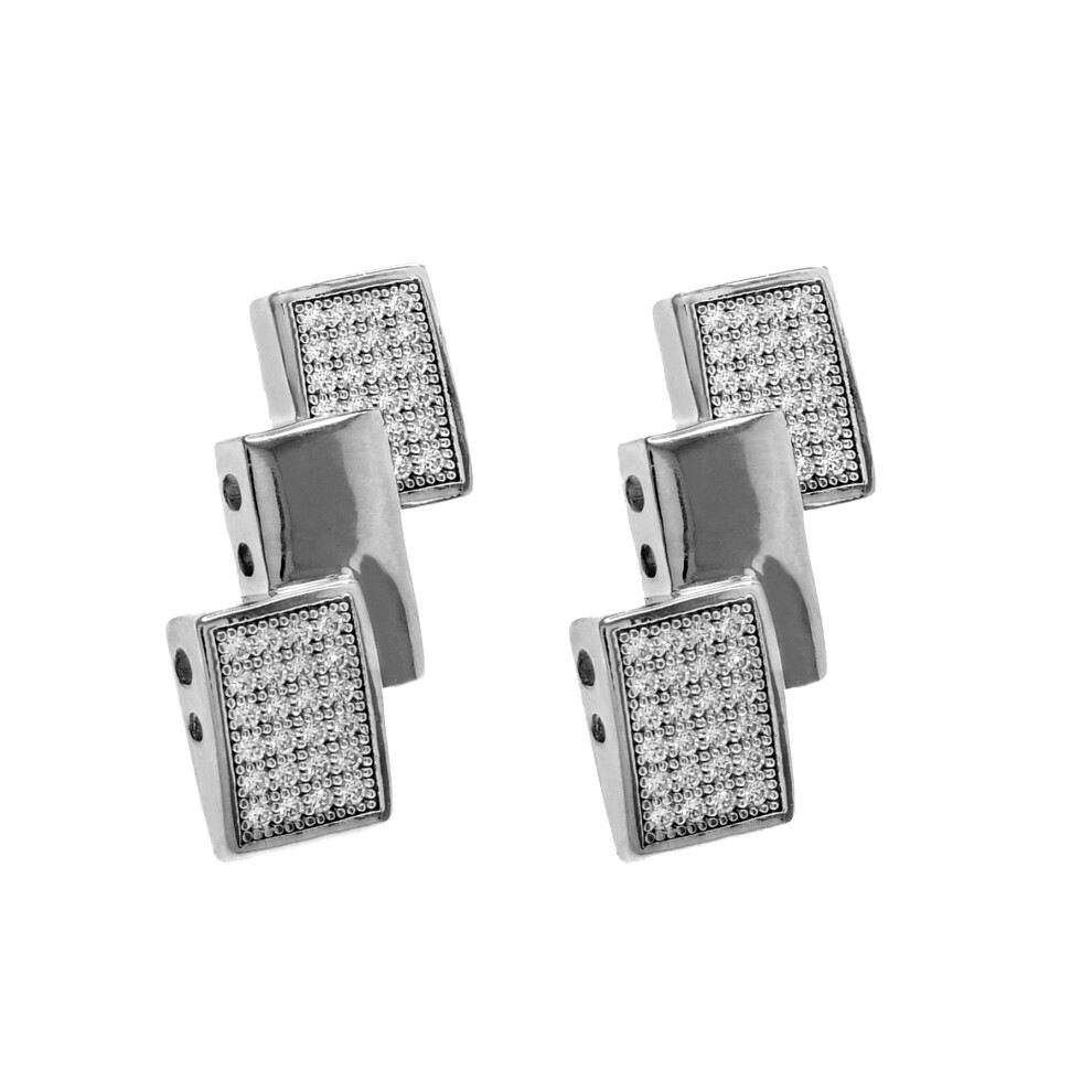 Jewelco London Rhodium Plated Sterling Silver White Cubic Zirconia Triple Rectangle Drop Earrings - RE1274
