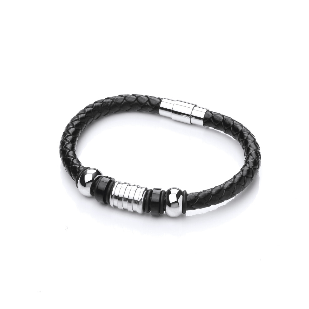 Jewelco London Mens Rhodium Plated Stainless Steel Black Leather Charm Bead Cuff Bracelet 11mm - BRC175
