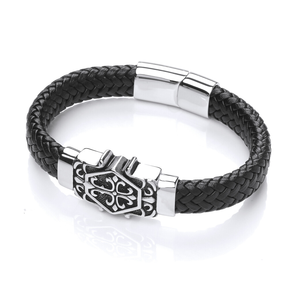 Jewelco London Mens Rhodium Plated Stainless Steel Black Leather Fleur de Lis Cross Cuff Bracelet 17mm - BRC182