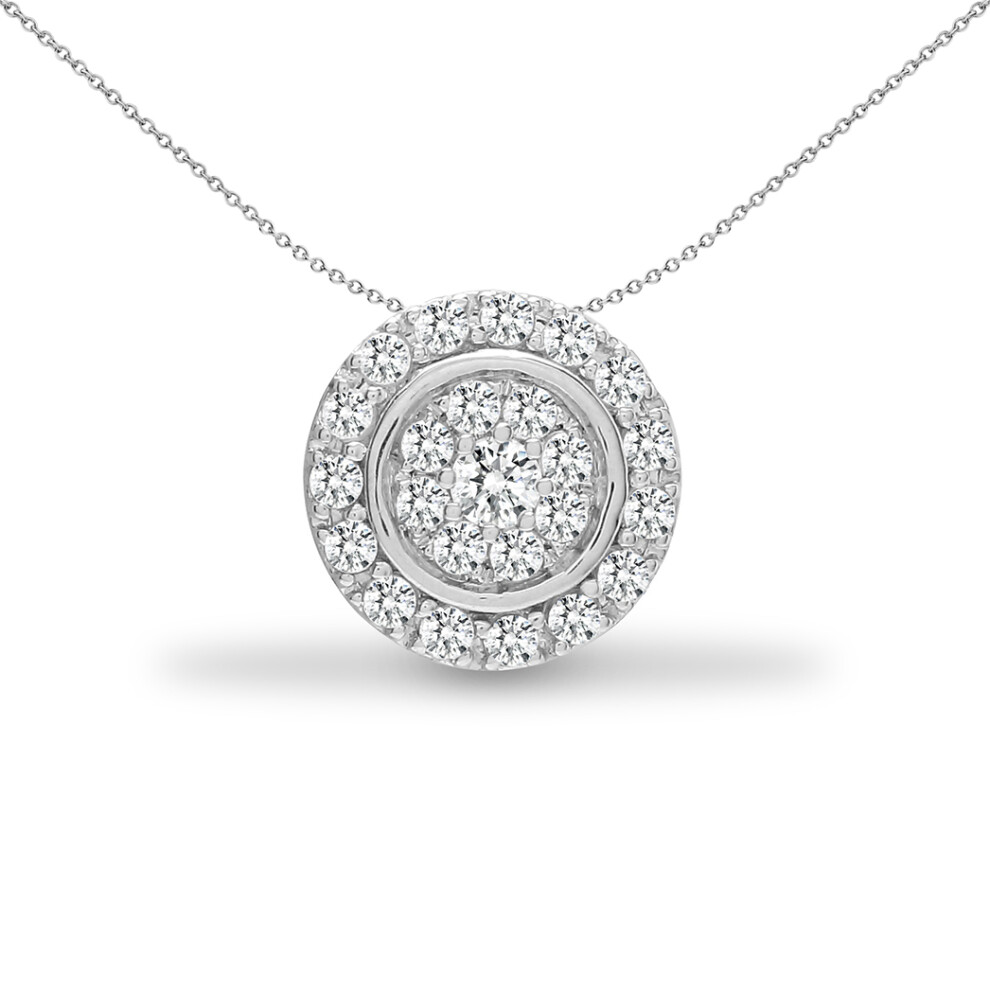 Jewelco London Solid 18ct White Gold Pave Set Round G SI 0.2ct Diamond Halo Disc Cluster Slider Pendant - 18P317