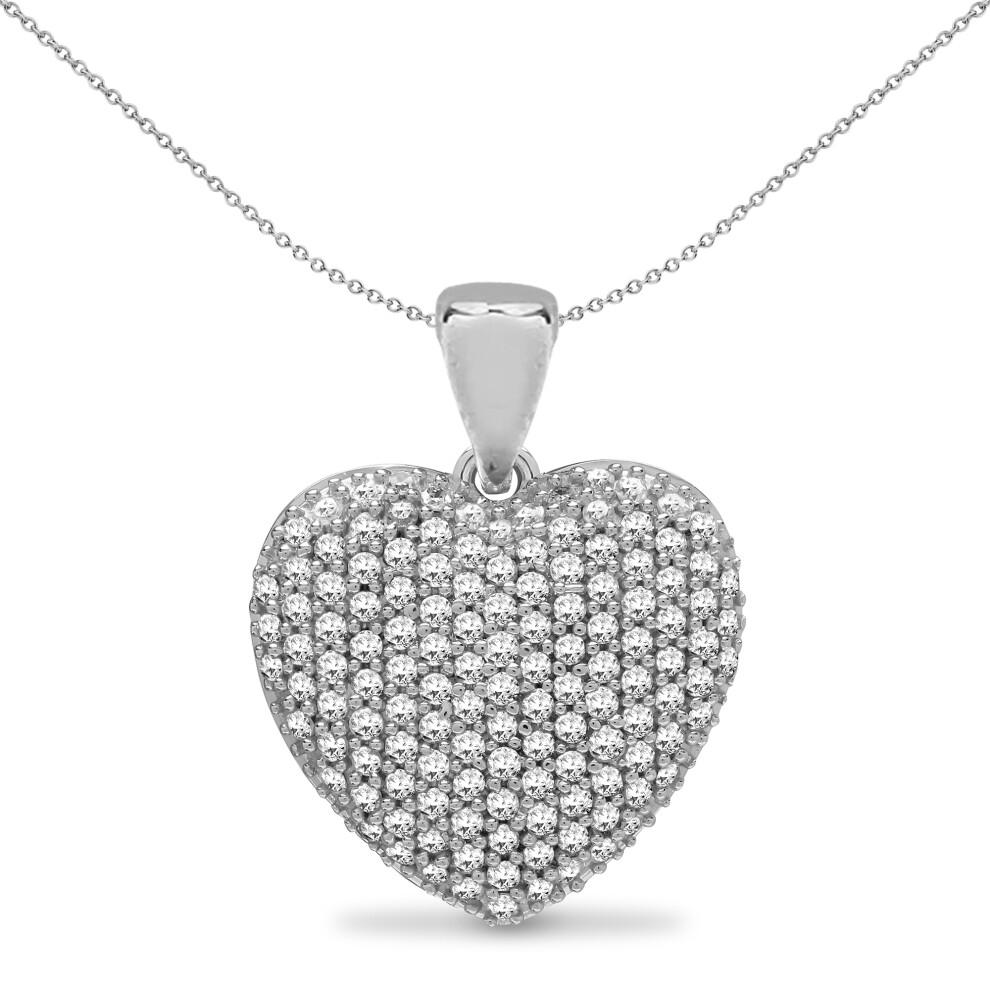Jewelco London Solid 9ct White Gold Pave Set Round H I2 0.5ct Diamond Domed Love Heart Cluster Pendant - 9P159