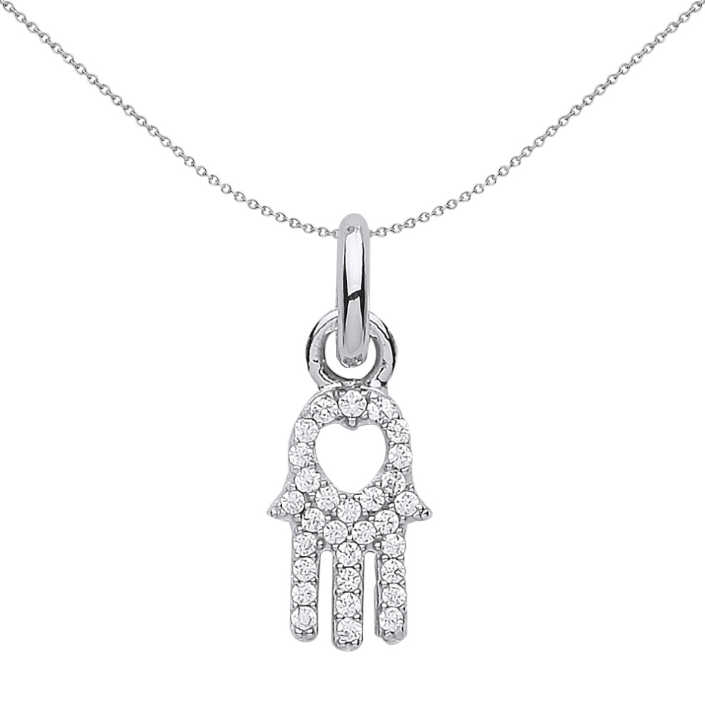 Jewelco London Ladies Sterling Silver Cubic Zirconia Hamsa Hand Charm Necklace - CM209