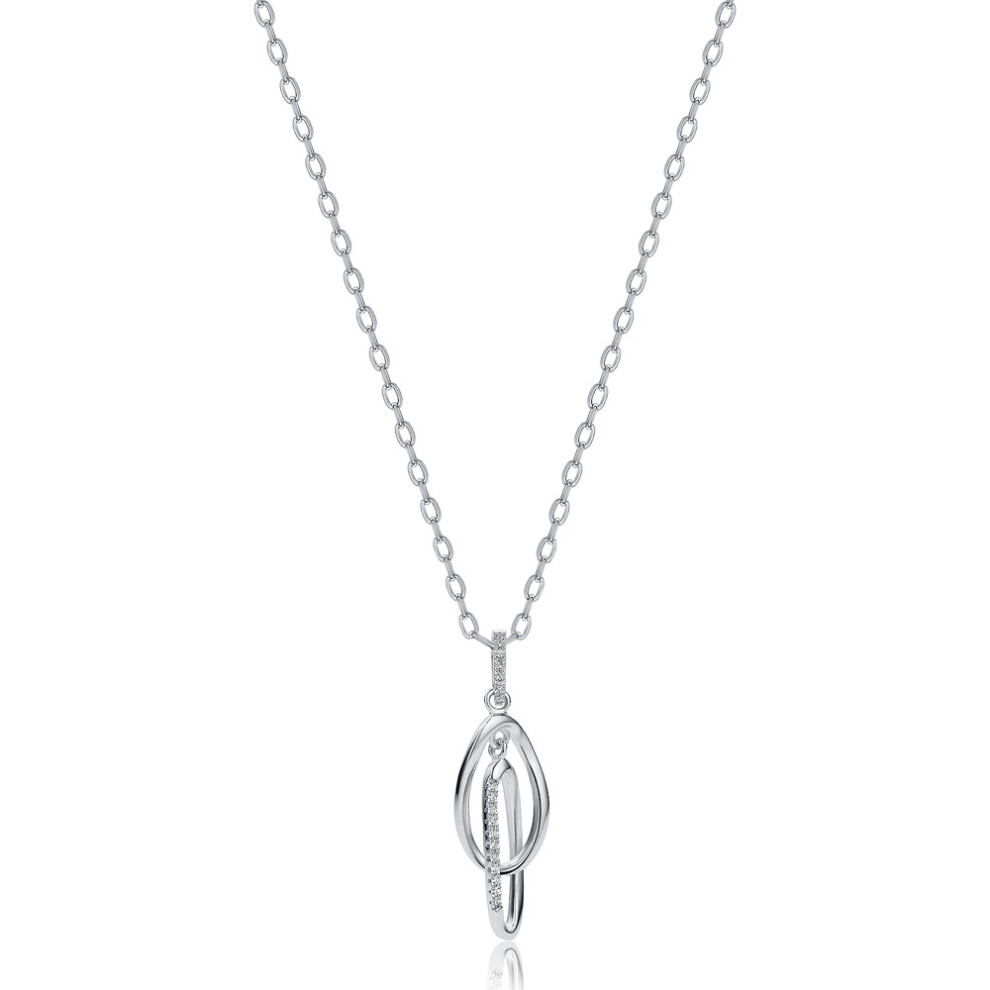 Jewelco London Rhodium Plated Sterling Silver White Cubic Zirconia Interlocked Oval Drop Charm Pendant Necklace - 16>18 inch - RE46524