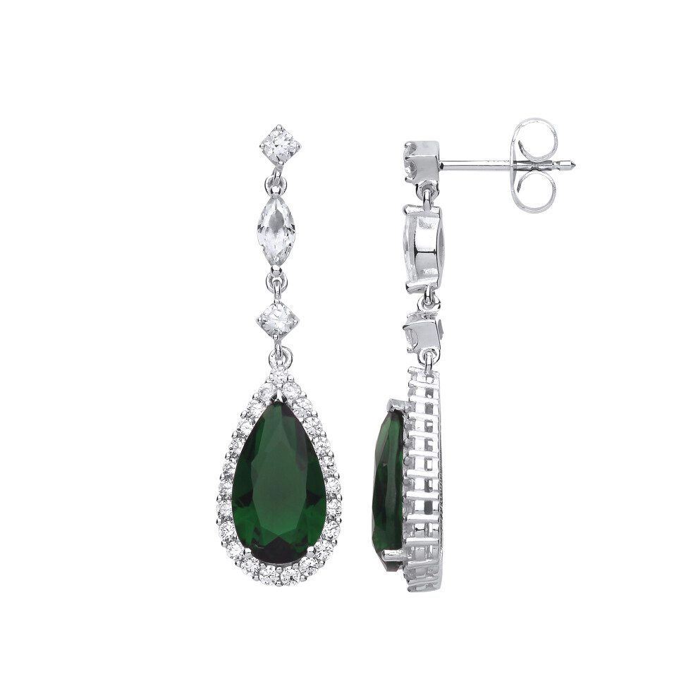 Jewelco London Ladies Sterling Silver Emerald-Green Pear Cut Cubic Zirconia Tears of Joy Halo Stud Drop Earrings - GVE735EM