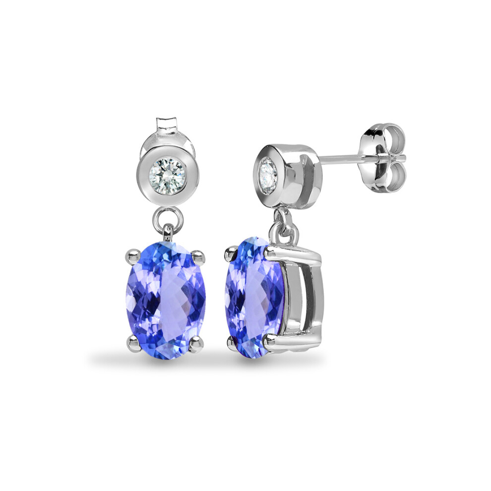 Jewelco London 9ct White Gold Rub Over Set H I1 0.07ct Diamond and Oval Lilac 0.74ct Tanzanite Solitaire Drop Earrings - 9E195