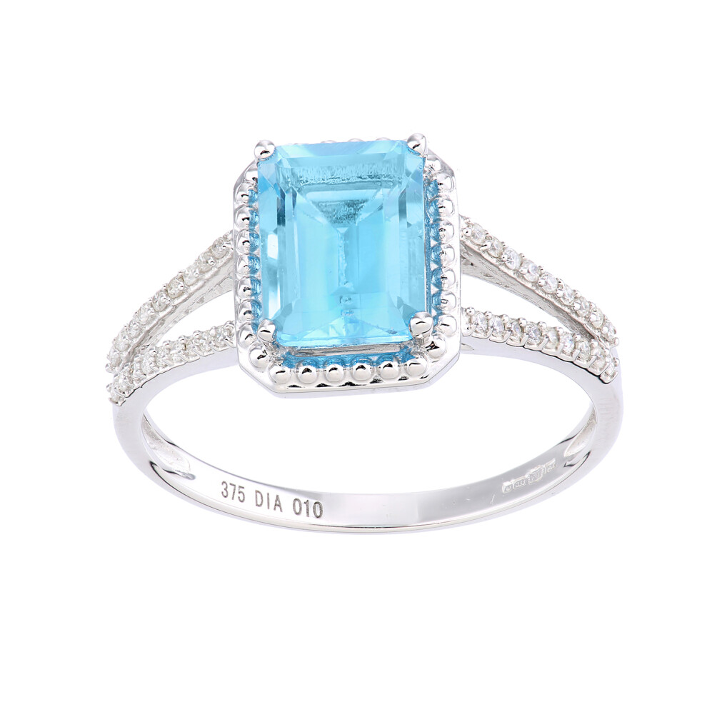 9ct White Gold  Diamond Octagon 1.89ct Blue Topaz Bead Halo Ring - PR1AXL2705WBT