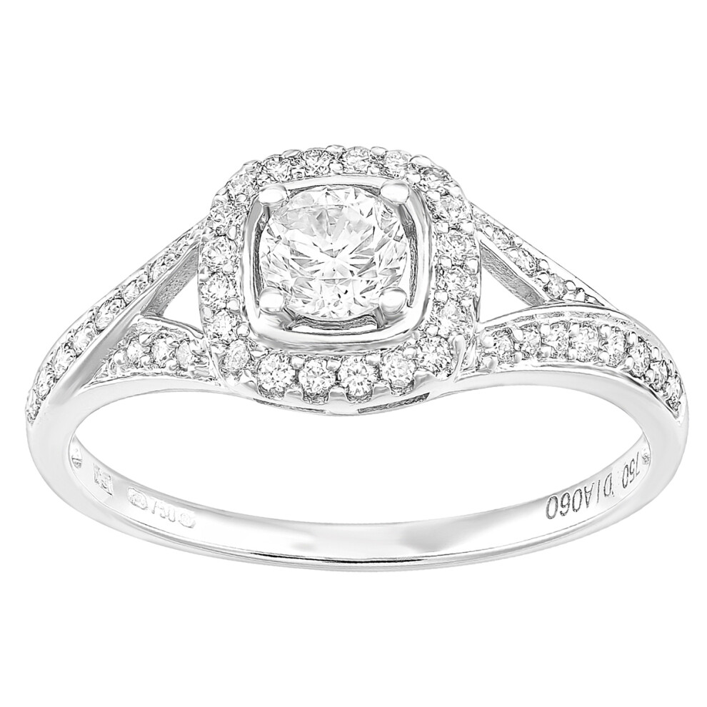 (J) Jewelco London 18ct White Gold Square Halo 0.60ct Diamond Crossover Shoulder Engagement Ring - Size J