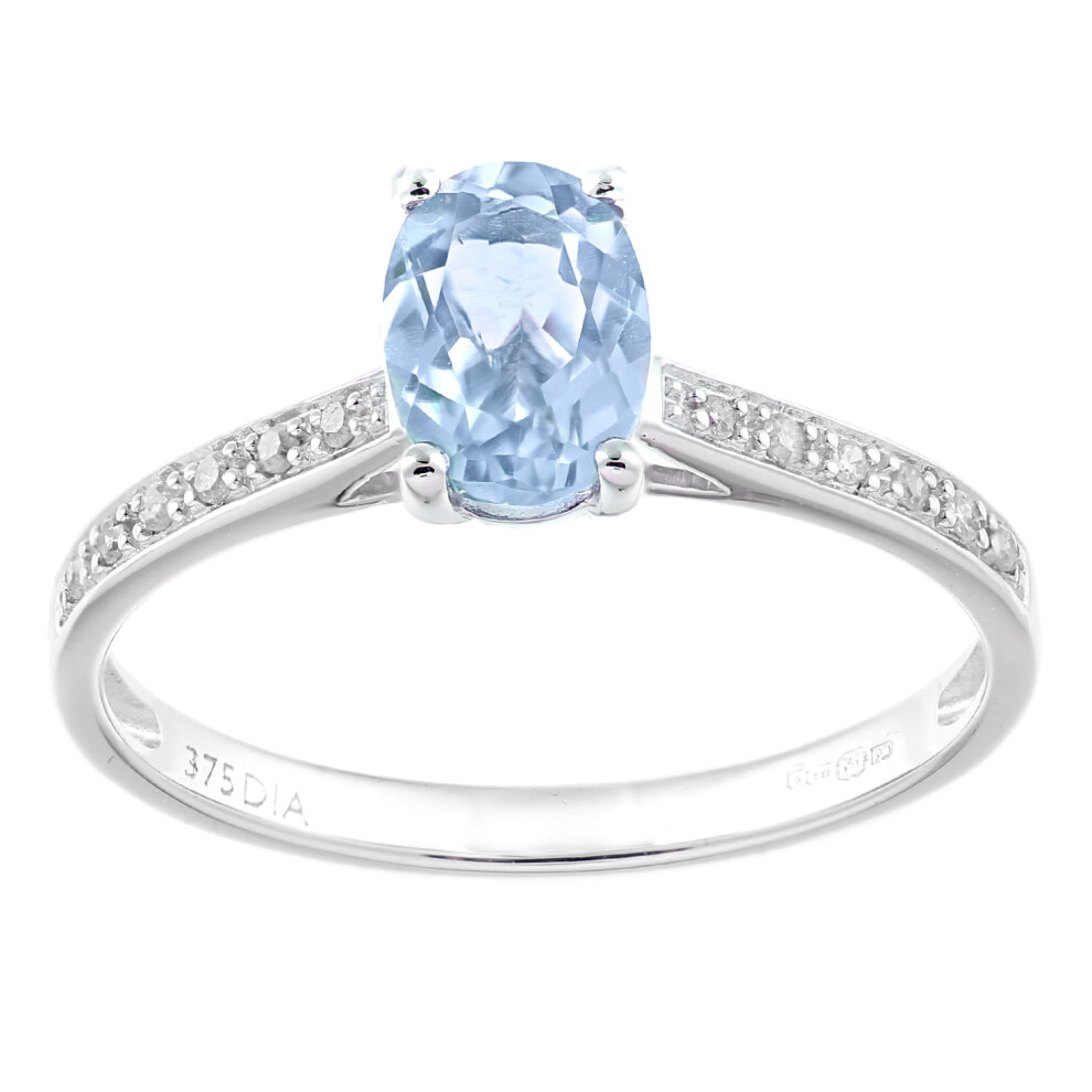 9ct White Gold  5pts Diamond Oval 0.92ct Blue Topaz Solitaire Ring - PR1AXL2259WBT