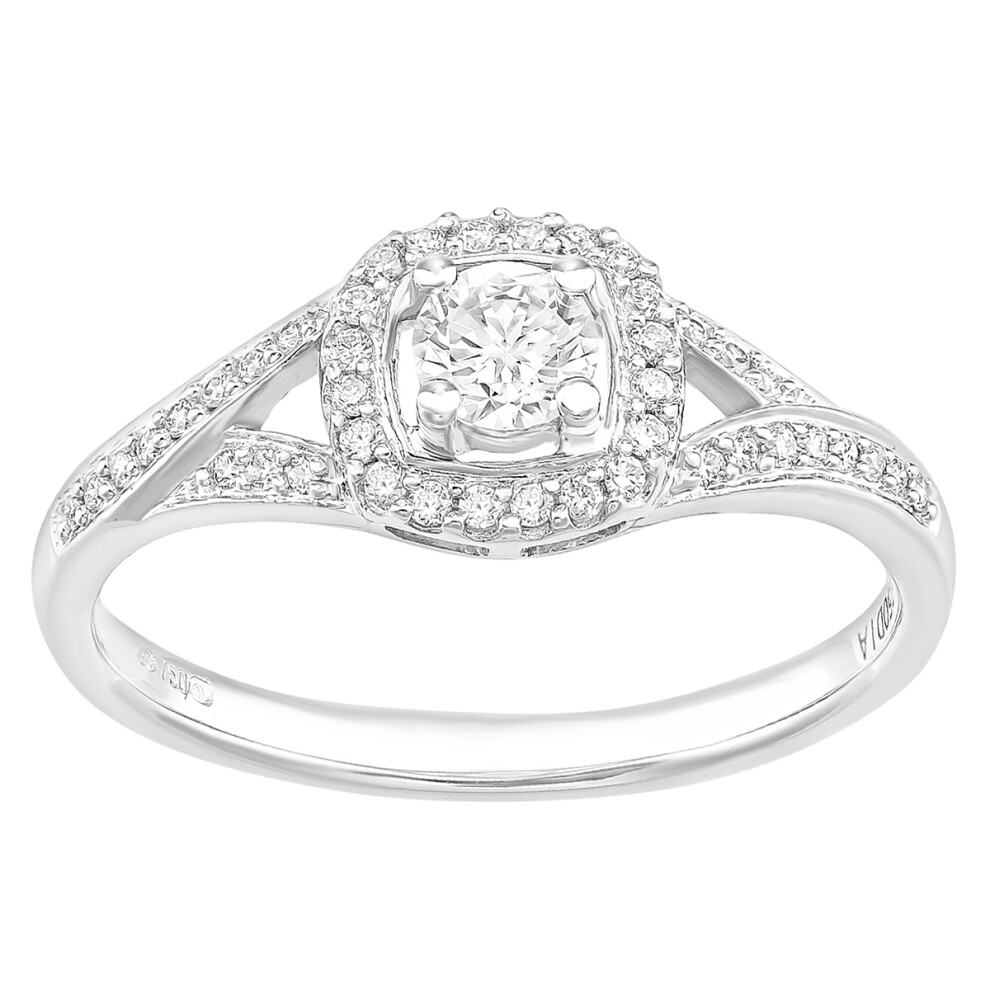(P) Jewelco London 18ct White Gold Square Halo 0.40ct Diamond Crossover Shoulder Engagement Ring - Size J