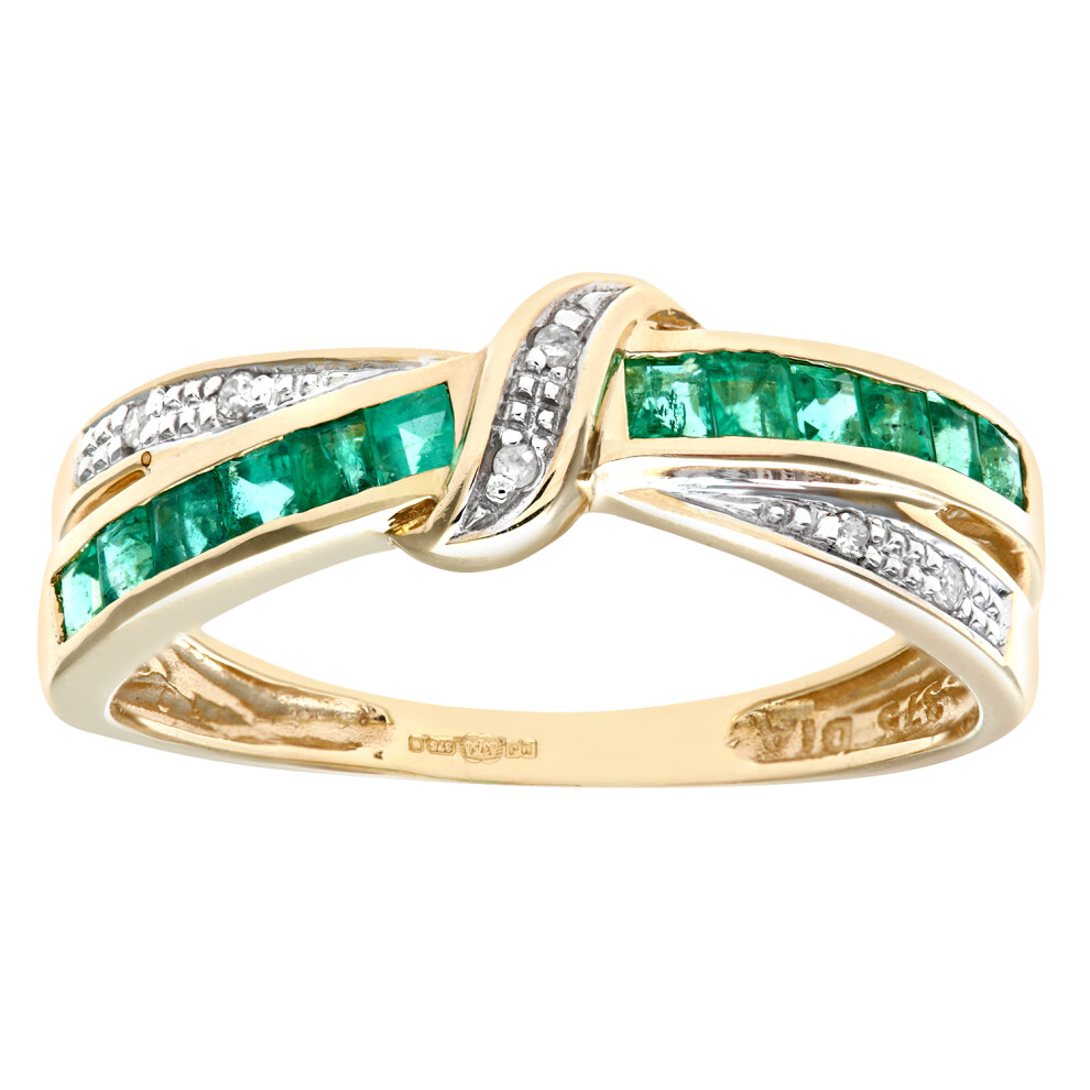 (J) Jewelco London 9ct Yellow Gold Emerald And Diamond Bow Ring