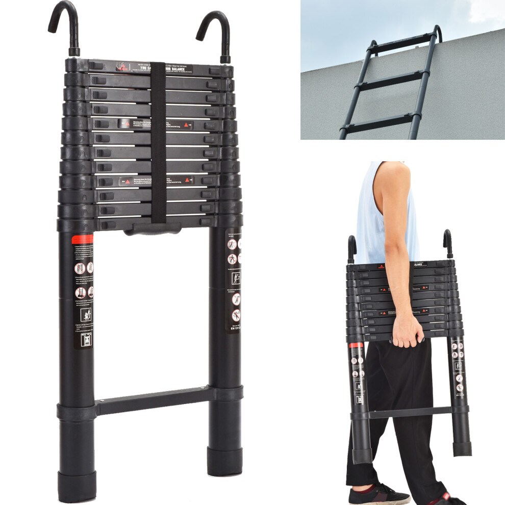 Aluminum Telescopic Ladder with Hooks 5M Extension Multi-Purpose Climb Ladder 330lb/150k Load Capacity for Home Loft Attic