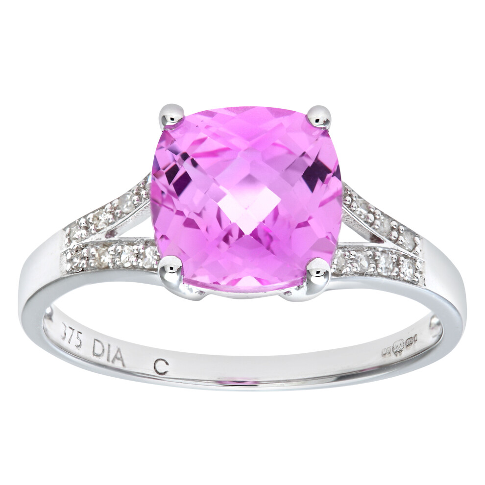 9ct White Gold  Diamond Cushion Created Sapphire Solitaire Ring - PR0AXL7210WCrtdPinkSa