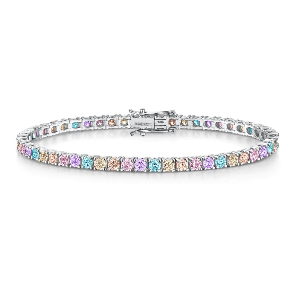 Jewelco London Ladies Rhodium Plated Sterling Silver Pink Blue Peach CZ Pastel Rainbow Tennis Bracelet 3.5mm 7.5 inch - GVB589