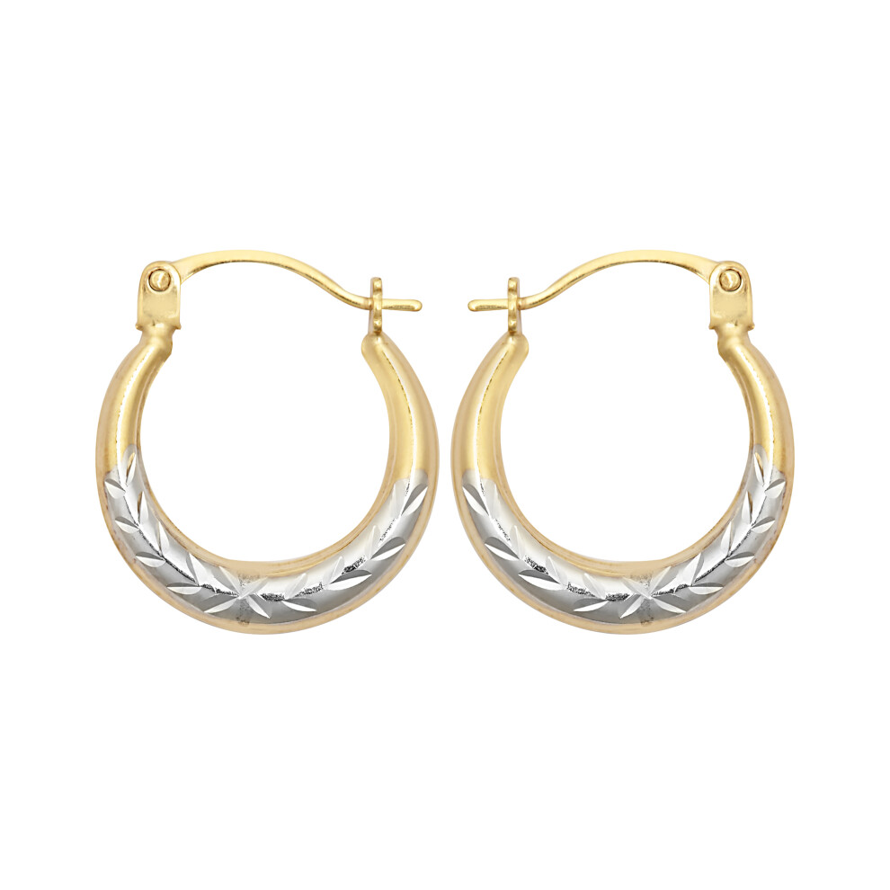 Jewelco London Ladies 9ct Yellow and White Gold Diamond-cut Olive Branch Crescent Moon Creole Earrings - JER796