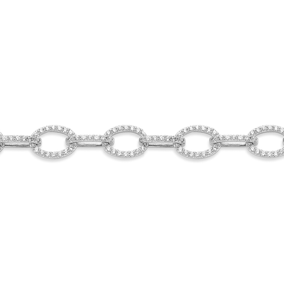 Jewelco London Ladies Rhodium Plated Sterling Silver Cubic Zirconia Flat Oval Belcher Link Bracelet, 7.5" - ABB186